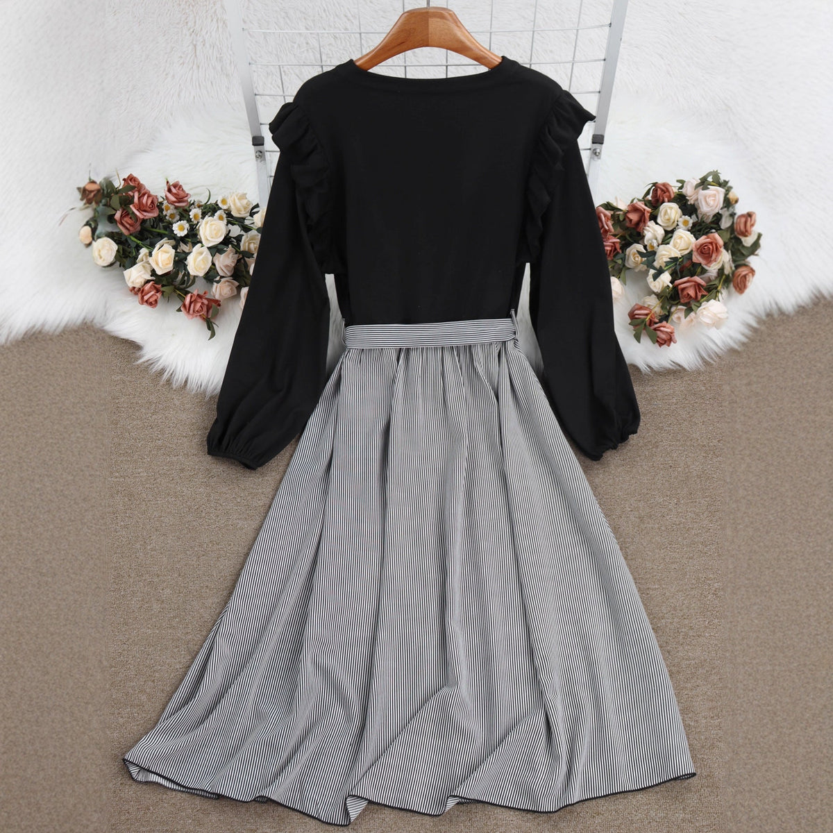 Striped A-Line Dress With Long Sleeves And Tie Waist