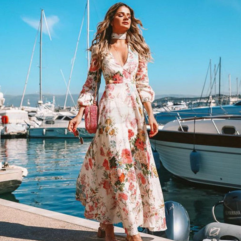 Deep V Long Sleeve Print Dress