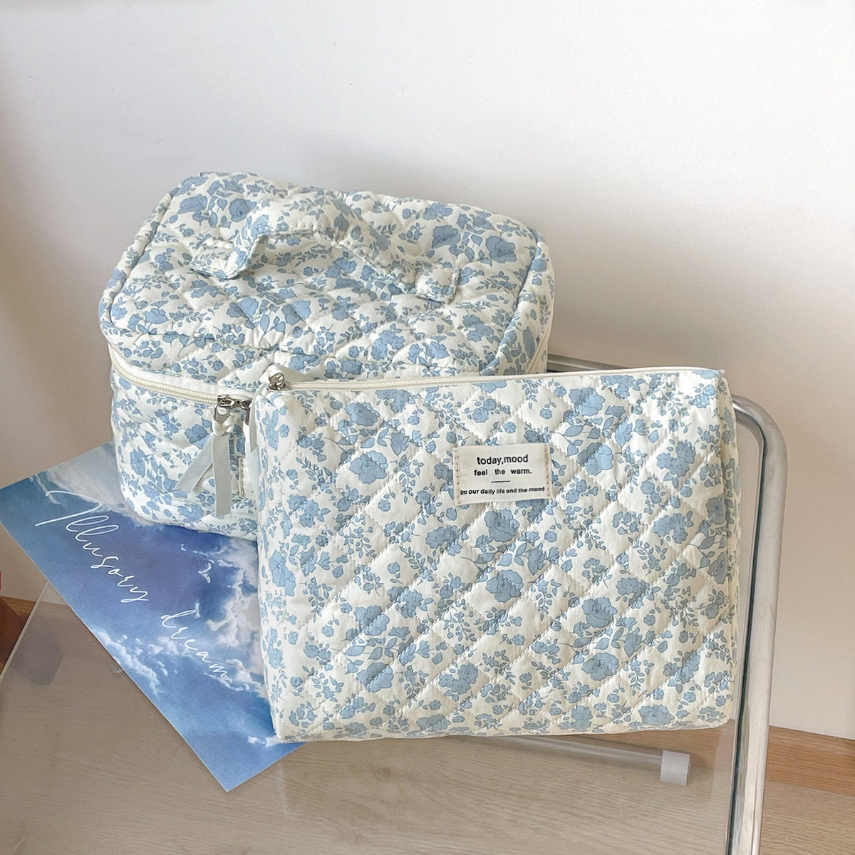 Blue Begonia Floral Makeup Bag Travel Pouch