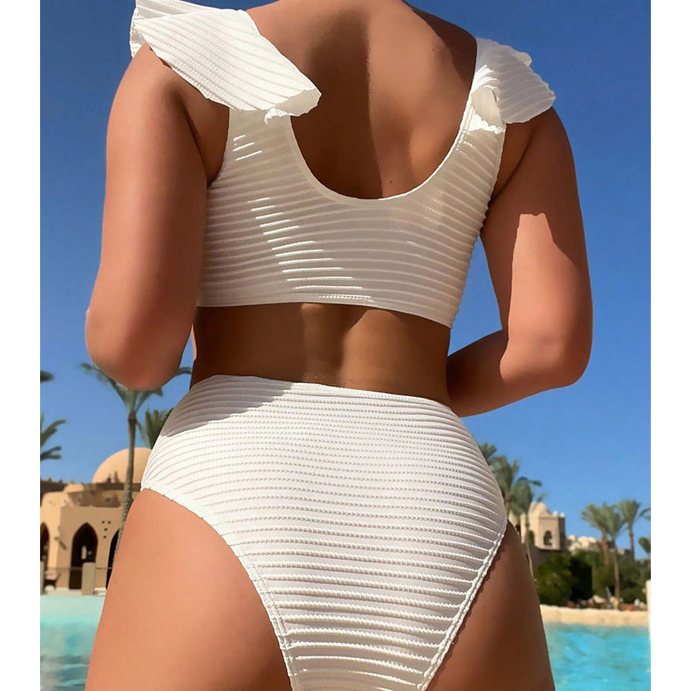 Flounce V-Neck Solid Color Sexy Swimwear