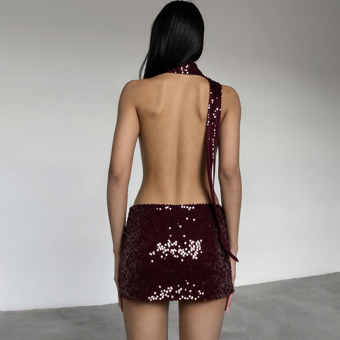 Burgundy Backless Bodycon Dress Sexy Halter Neck