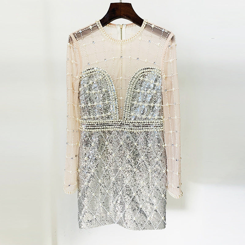 Pearl Sequin Long Sleeve Mesh Dress Elegant Style