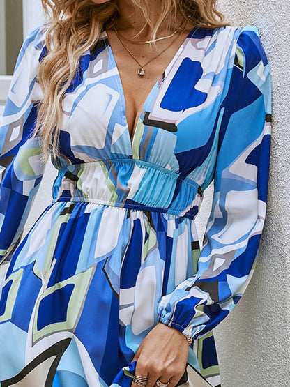 Bohemian Style New Spring And Autumn Deep V Print High Waisted Casual Long Sleeved Mid Length Dress