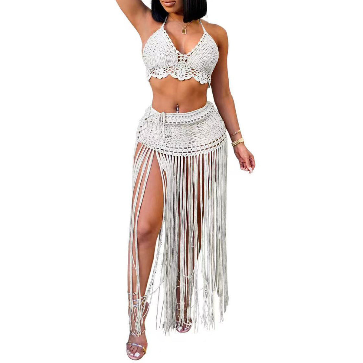 Women鈥檚 Crochet Beach Bikini Top With Fringe Skirt Two-Piece Set