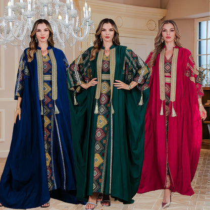 Embroidered Muslim Abaya Dress Set with Elegant Long Robe