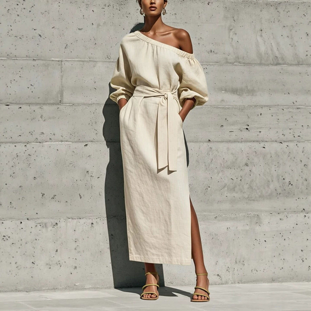 Linen One Shoulder Balloon Sleeve Self Tie Waist Side Slit Midi Dress
