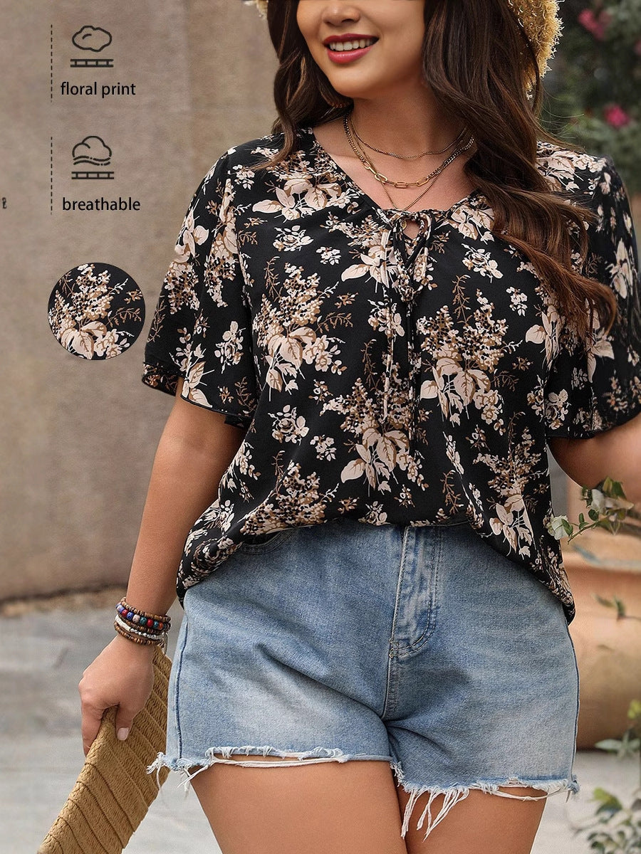 Casual Printed Short Sleeve Top For Plus Size Women