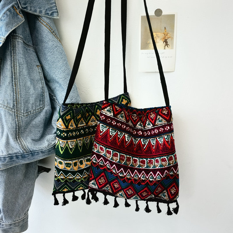 Original Ethnic Style Single Shoulder Bag With Tassel Retro Art Cross Shoulder Bag With Bohemian Style Fabric Bag