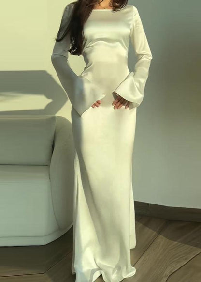 Satin Long Sleeve Maxi Dress With Lace Up Back