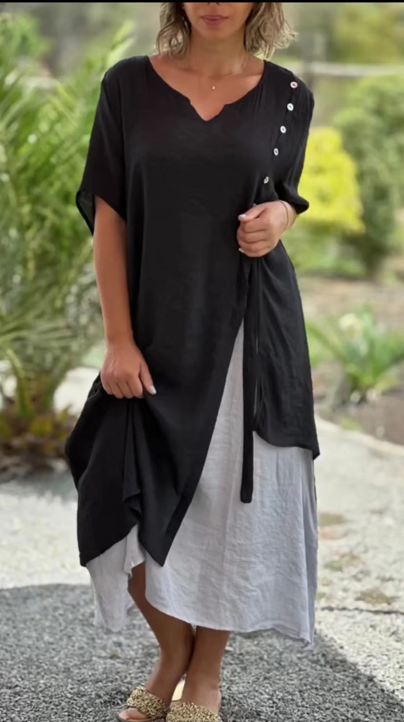 Stylish V-Neck Short Sleeve Fake Two Asymmetric Dresses