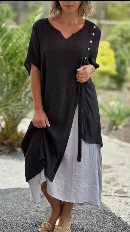 Stylish V-Neck Short Sleeve Fake Two Asymmetric Dresses