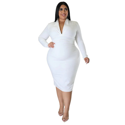 Casual V-Neck Long Sleeve Dress In Solid Colors