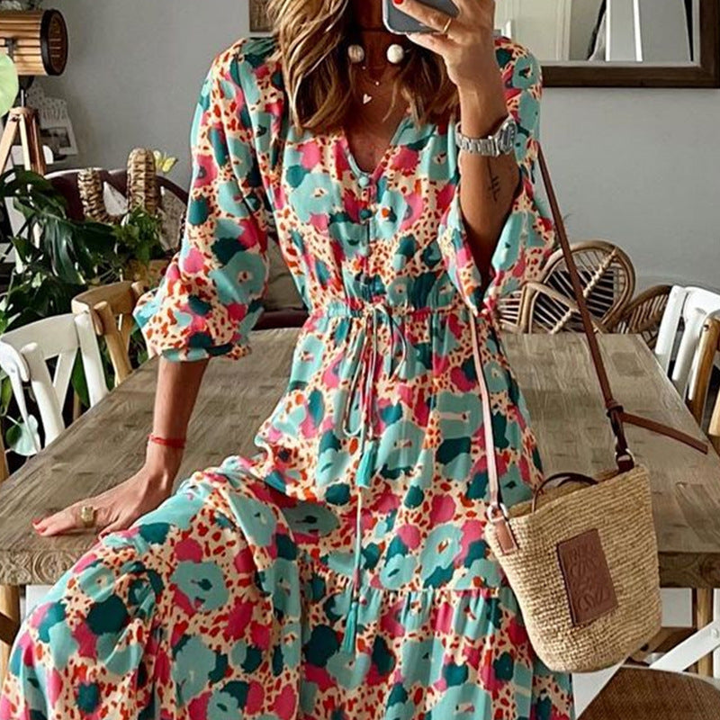 Women'S Fashion V-Neck Long Sleeves Printed Loose Mid-Length Dress