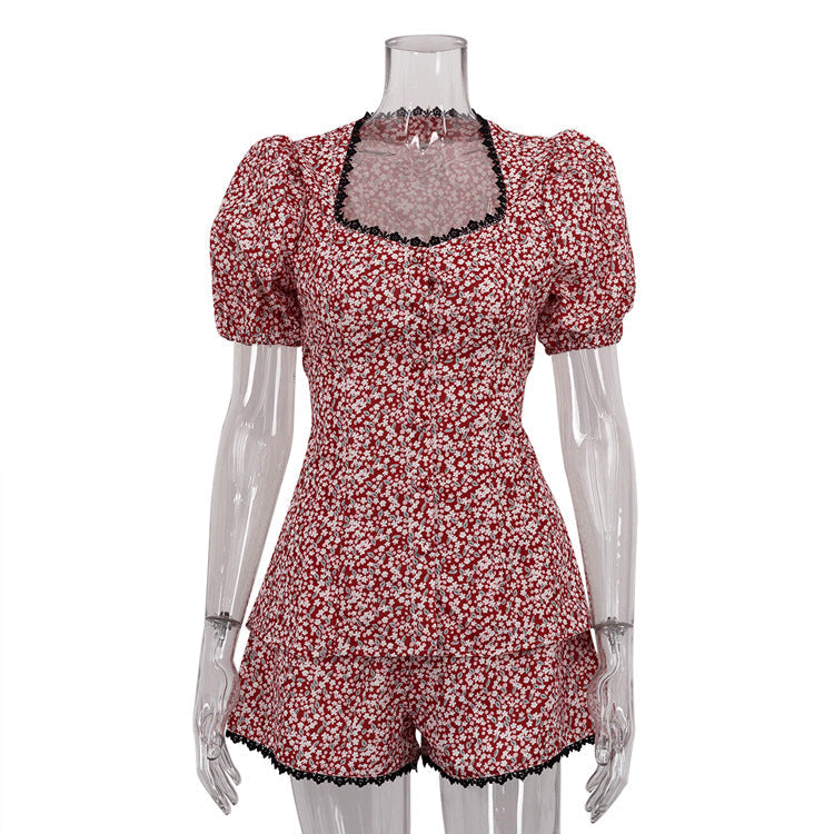 Two-Piece Floral Puff Sleeve Top and Shorts Set