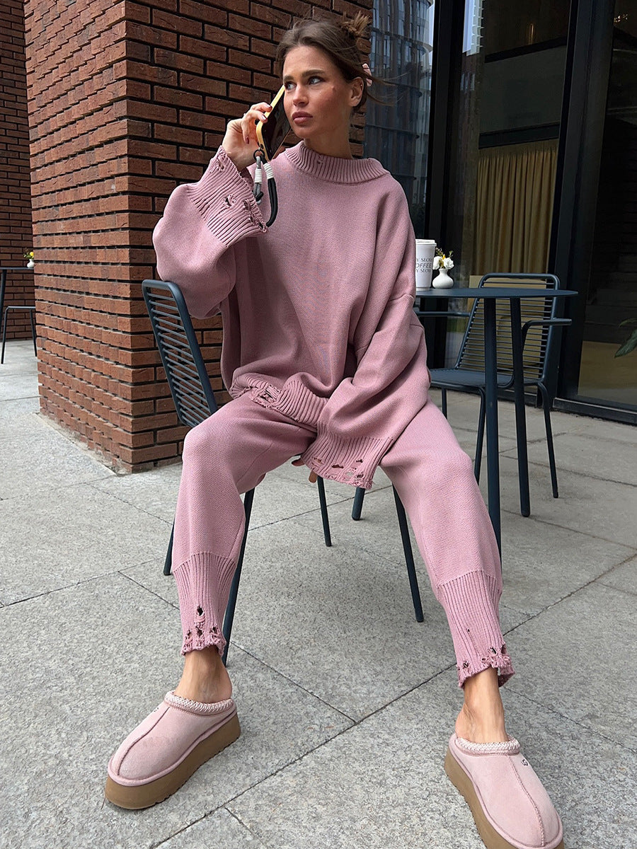 Ripped Sweater Set Women's Casual Knit Pants And Round Neck Sweater