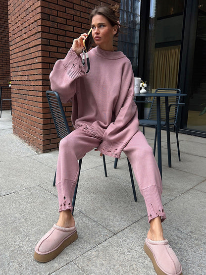 Ripped Sweater Set Women's Casual Knit Pants And Round Neck Sweater