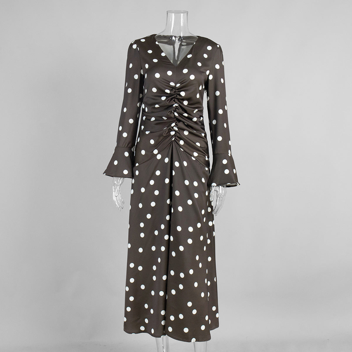 Brown Polka Dot Long Sleeve Dress Elegant Casual Fit