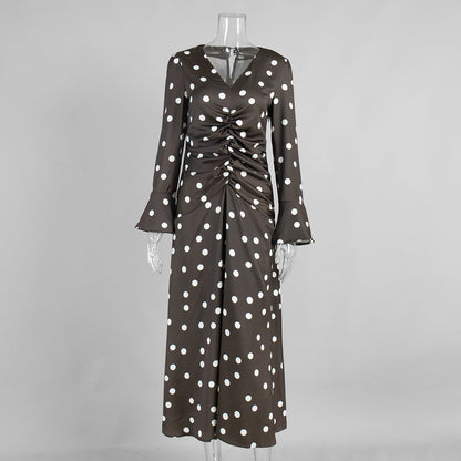 Brown Polka Dot Long Sleeve Dress Elegant Casual Fit