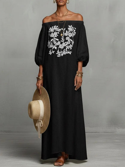 Linen Off Shoulder Floral Embroidery Balloon Sleeve Maxi Dress