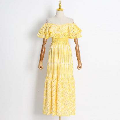 Long Dress Women'S Autumn New Double Ruffle Neck Embroidered Cutout Long Dress