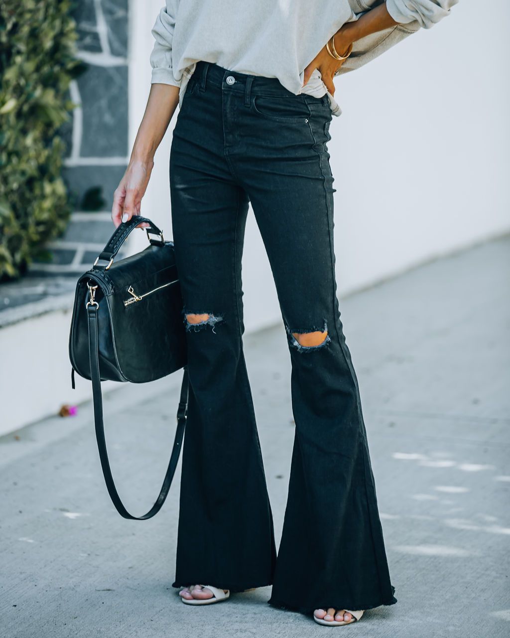 High-Waisted Washed Flare Jeans Trendy Casual Pants