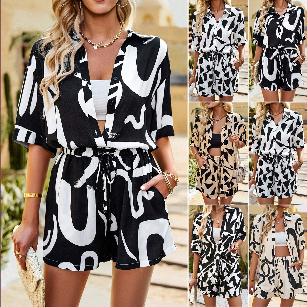 Casual Color Block Two-Piece Set Women's Shirt and Shorts