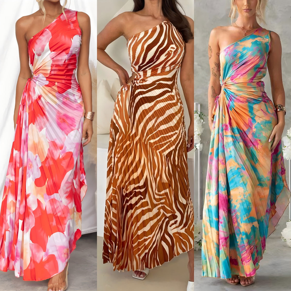 Asymmetrical Shoulder Floral Print Pleated Maxi Dress