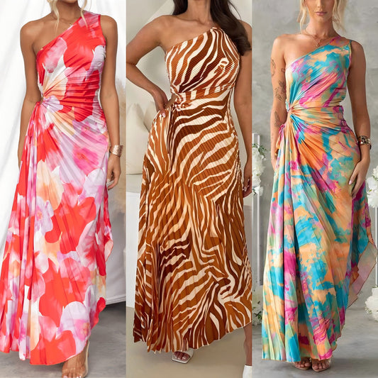 Asymmetrical Shoulder Floral Print Pleated Maxi Dress