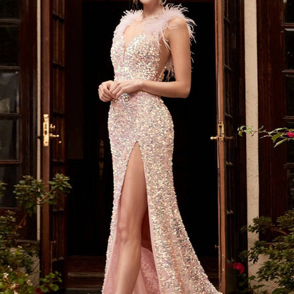 Sequin Feather Long Dress Elegant Commuter Dress
