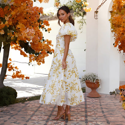 Floral Backless Puffy Sleeves Long Dress
