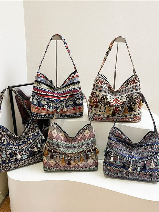 Trendy Ethnic Style Large Canvas Tote Bag with Fringe