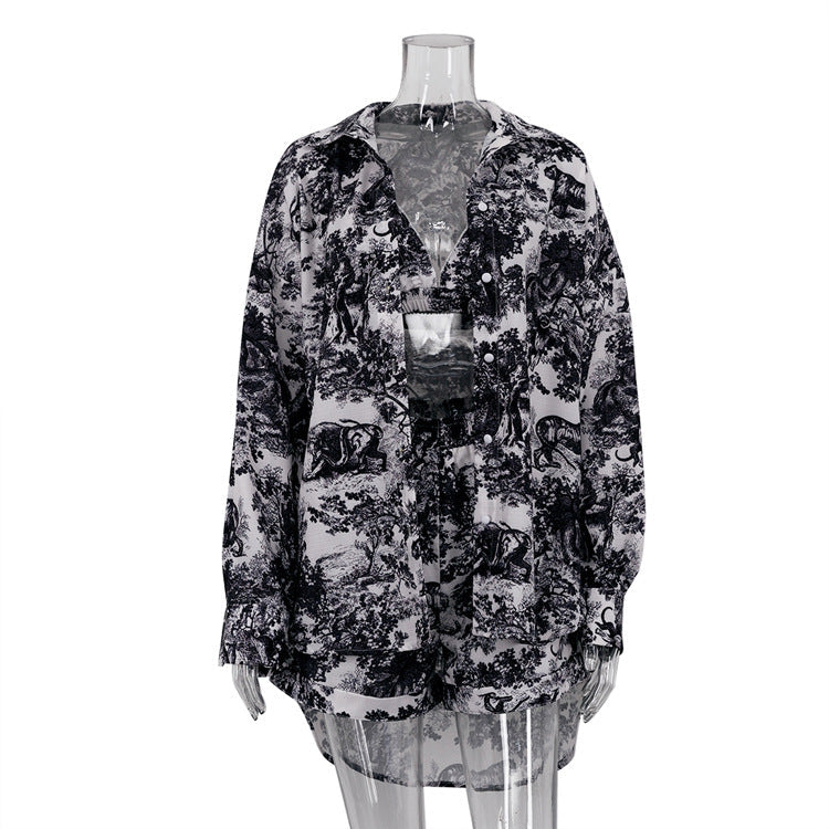 Vintage Ink Blossom Shirt and Shorts Set for Women