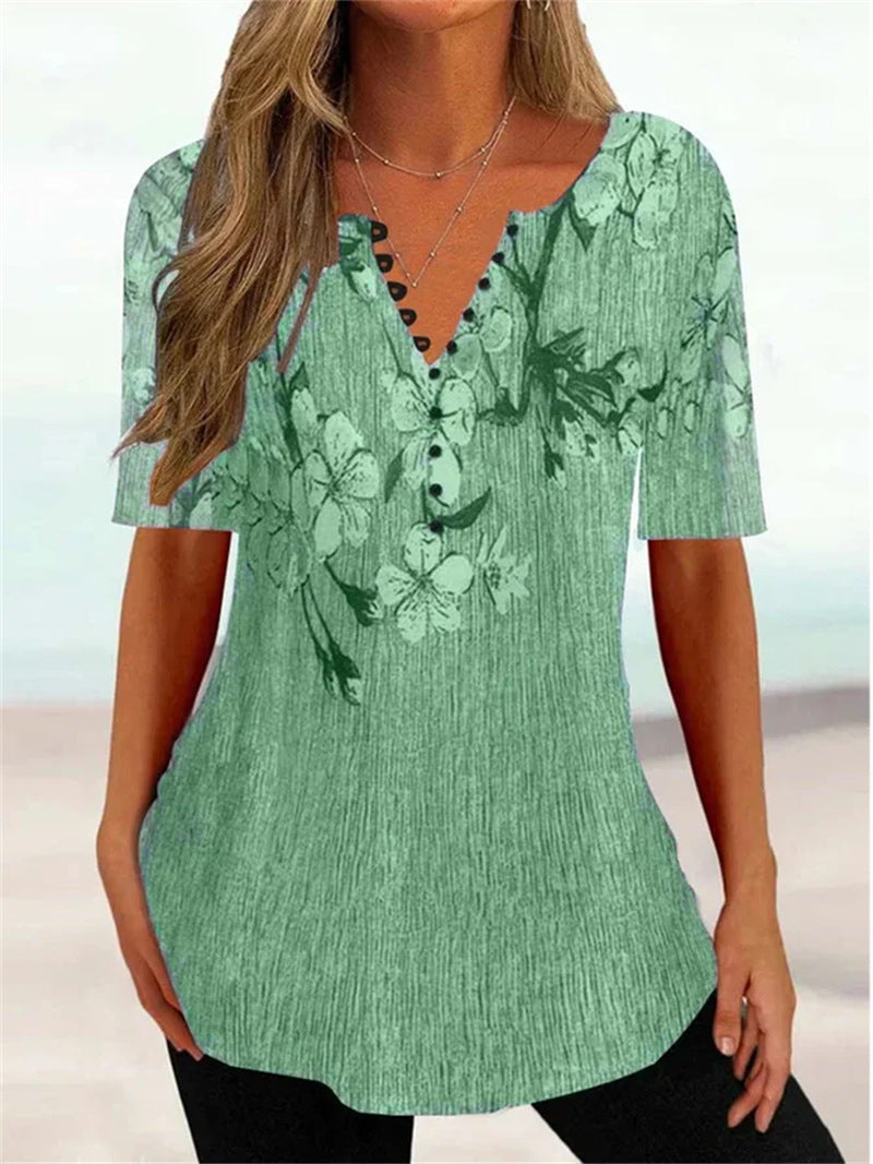 Women'S Clothing Summer Loose V-Neck Short Sleeved Pleated Button Up Shirt For Women