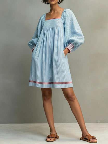 Striped Square Neck Balloon Sleeve Mini Dress