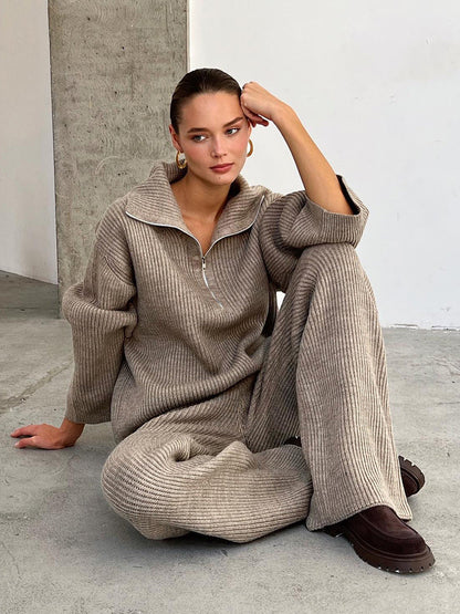 Half-Zip Knitted Sweater Set for Women Casual Chic Wide-Leg Pants