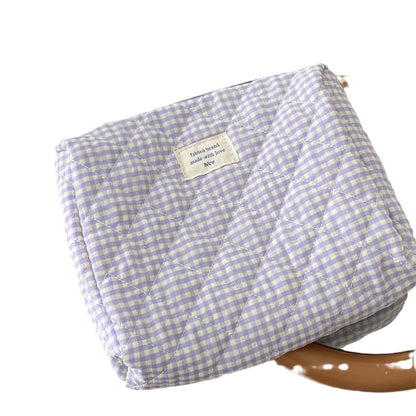 Berry Check Quilted Makeup Bag Large Capacity Cotton Cosmetic Organizer