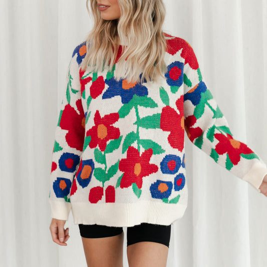 Autumn And Winter New Large Flower Embroidery Round Neck Loose Long-Sleeved Knitted Sweater Pullover Women'S