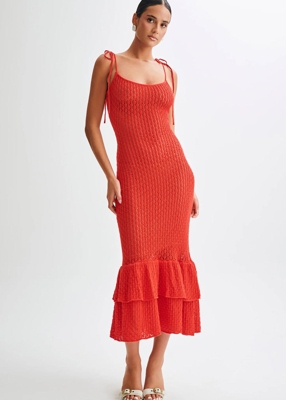 Lace Up Knit Maxi Dress With Ruffle Hem