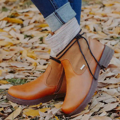 Round Toe Women'S Leather Boots With Side Zipper, Thick Heel, Warm Martin Boots, Low-Heeled Plus Size Women'S Boots
