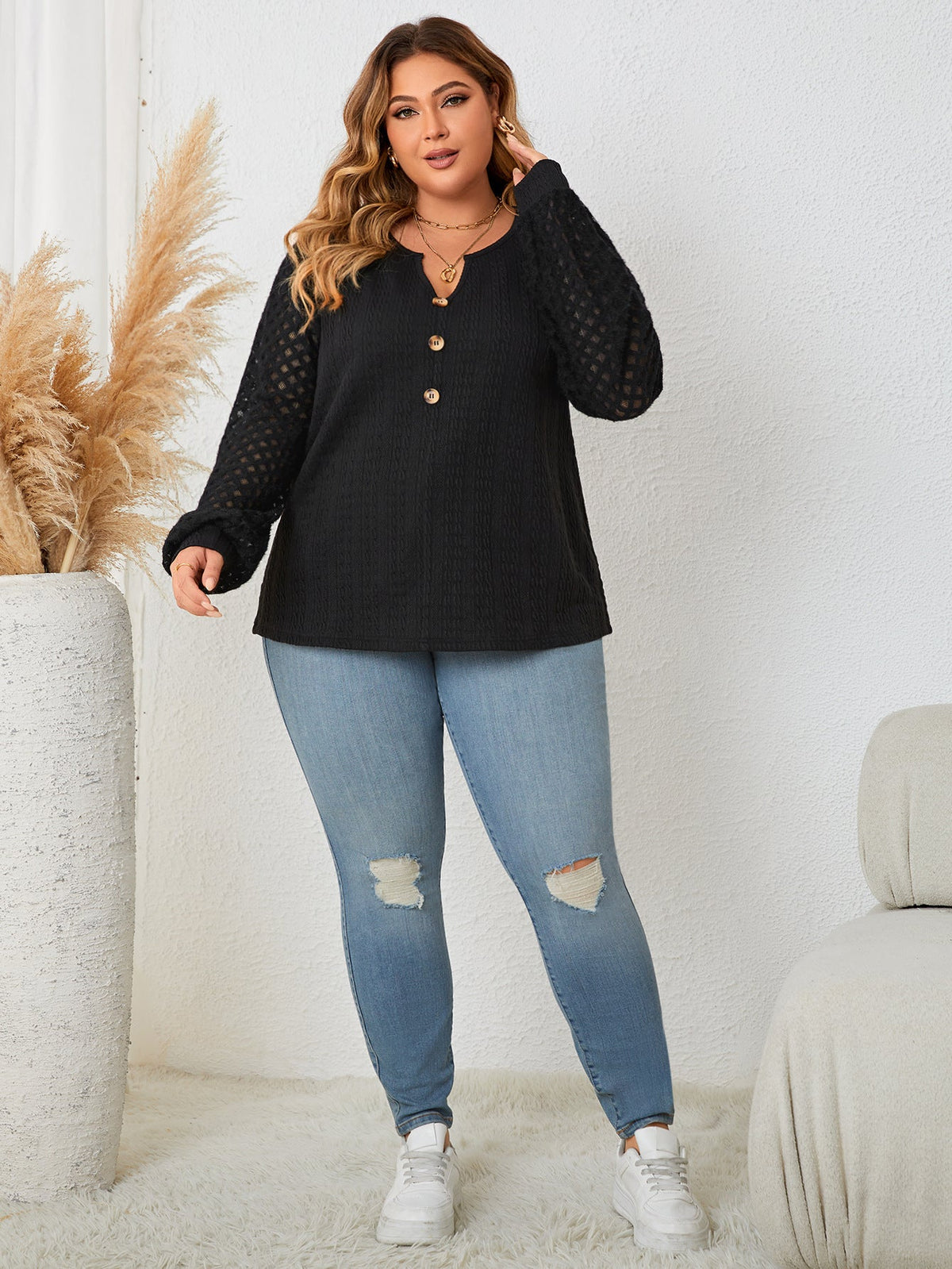 Plus Size Lace-Trim Knit Sweater With Buttons