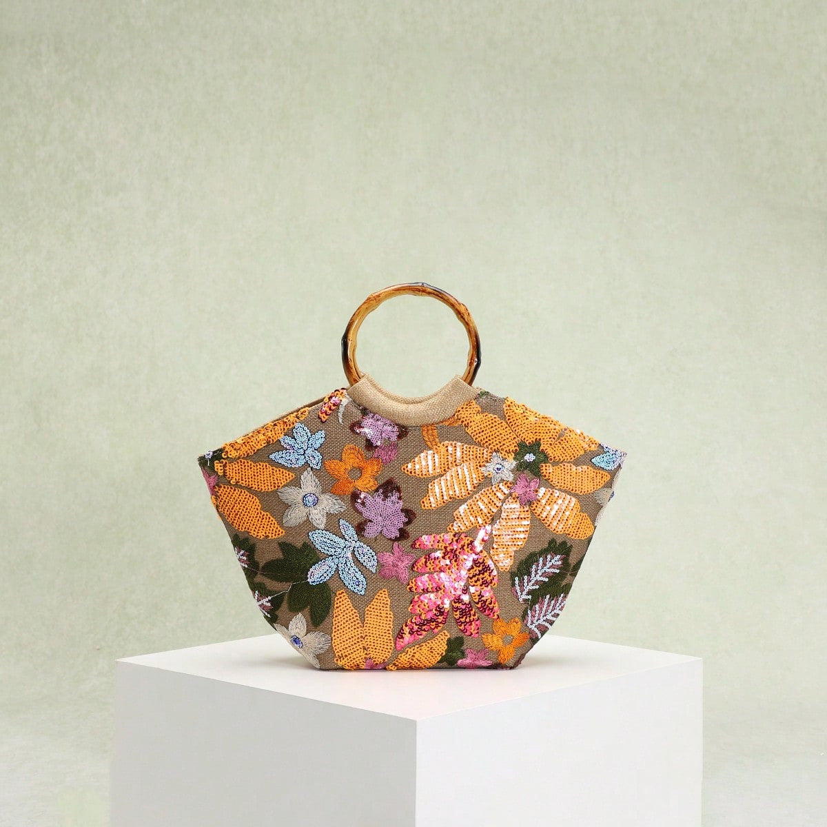 Elegant Floral Sequin Tote Bag With Bamboo Handle