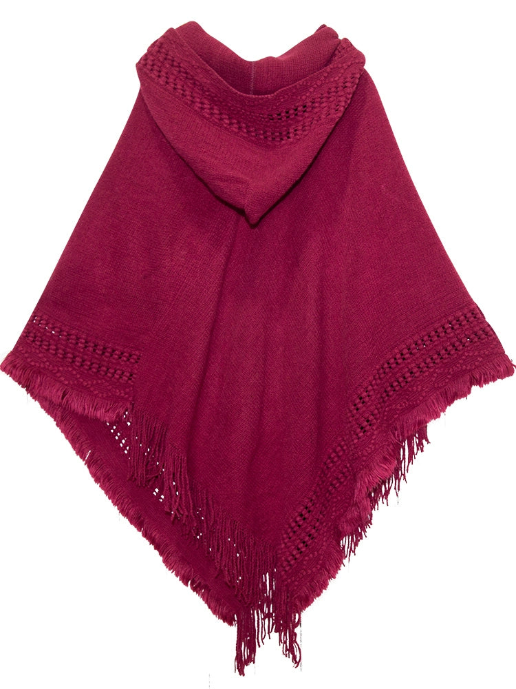 Summer Solid Color Hooded Shawl Women'S Knitting Outside With Spring And Autumn Travel Tassel Pullover Hooded Cape Shawl