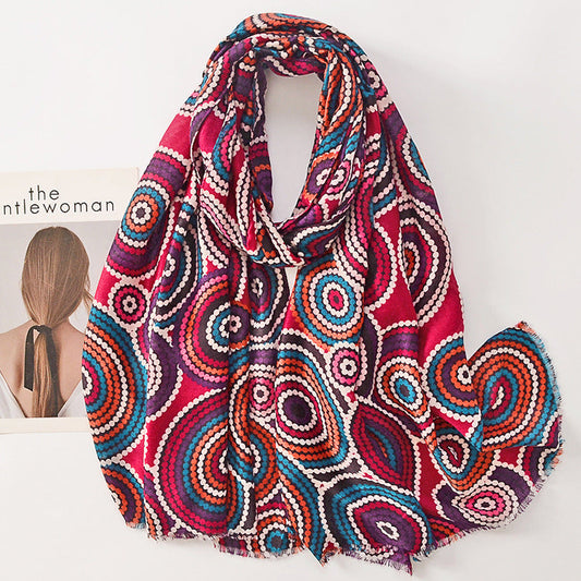 Vintage Ethnic Style Cotton Linen Hand Feel Towel Fashion Color Circle Raw Trim Shawl Woman