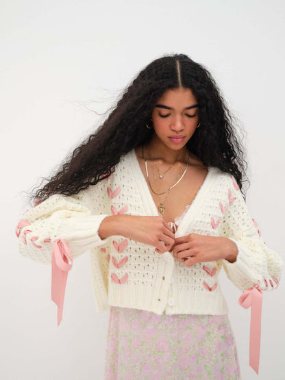 V-Neck String Tie Hollow Out Loose Cardigan