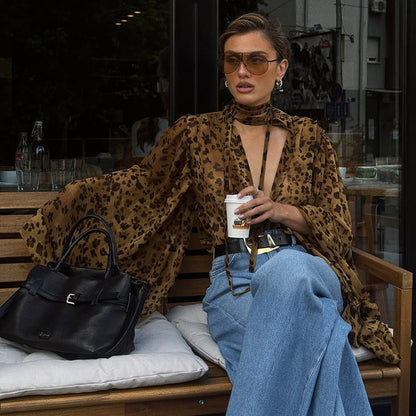 Animal Print Mesh Collar Long Sleeve Blouse
