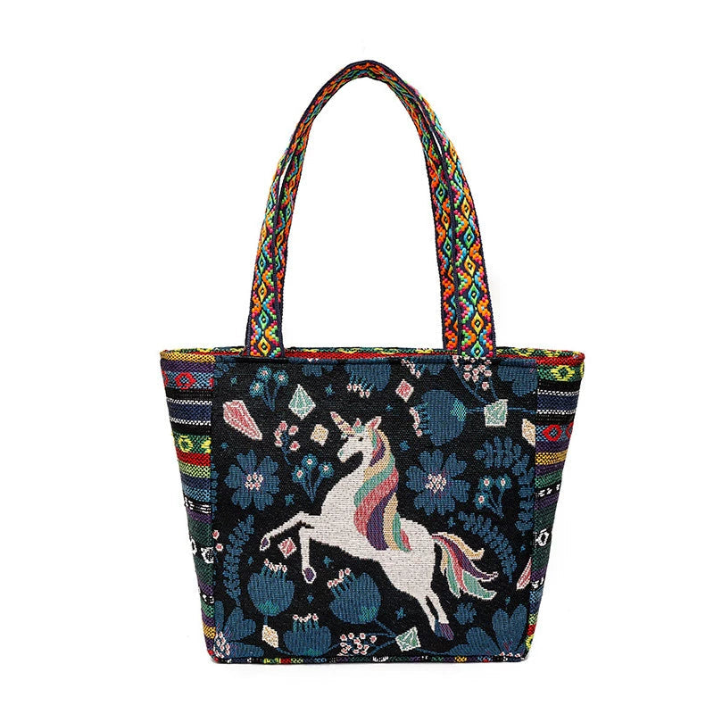 Tote Bag Women'S Bag Going Out Canvas Bag Double-Sided Casual Embroidery Large-Capacity Handbag Ethnic Style Small Square Bag