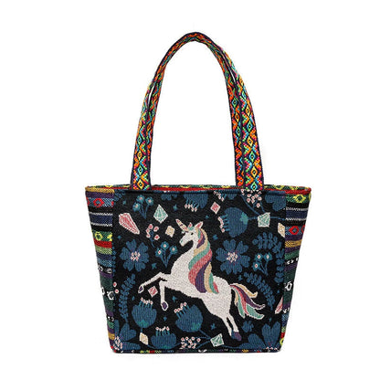 Tote Bag Women'S Bag Going Out Canvas Bag Double-Sided Casual Embroidery Large-Capacity Handbag Ethnic Style Small Square Bag