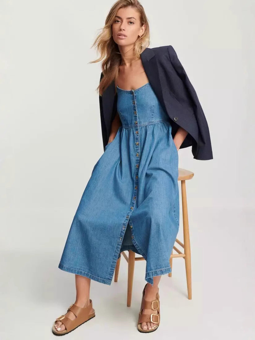 Trendy Casual Denim Sleeveless Midi Dress