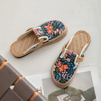 Spring And Summer New Cotton And Linen Slippers Women'S Ethnic Style Hand-Sewn Craft Bag Head Flat-Bottomed Slippers