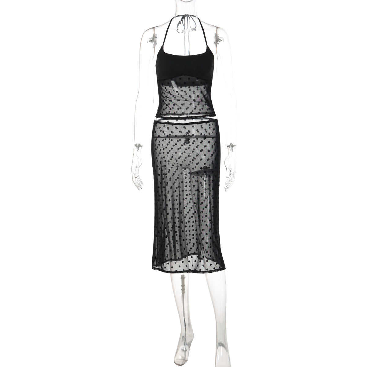 Trendy Polka Dot Sheer Halter Neck Bodycon Dress Set